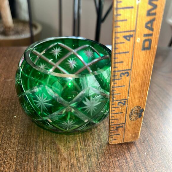 Vintage Art Glass Crystal Green Cut to Clear candle holder white barn candle co. - Picture 9 of 9